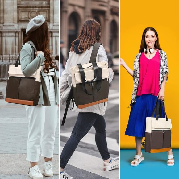 Women Brown Convertible Daypack Laptop Computer Backpack with USB Charging Port